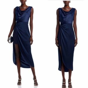 Cinq À Sept Paige Silk Midi Dress Side High Split Hem Drape Cowl Neck 00 Navy